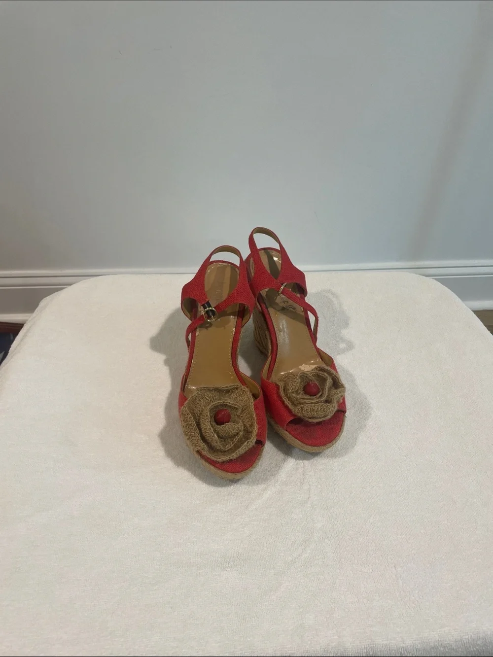Women’s Red Slingback Wedge Sandals with Decorative Flower size 7